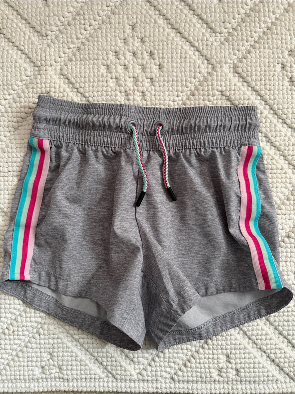 Gray Girl's Athletic Shorts with Pink & Teal Stripe